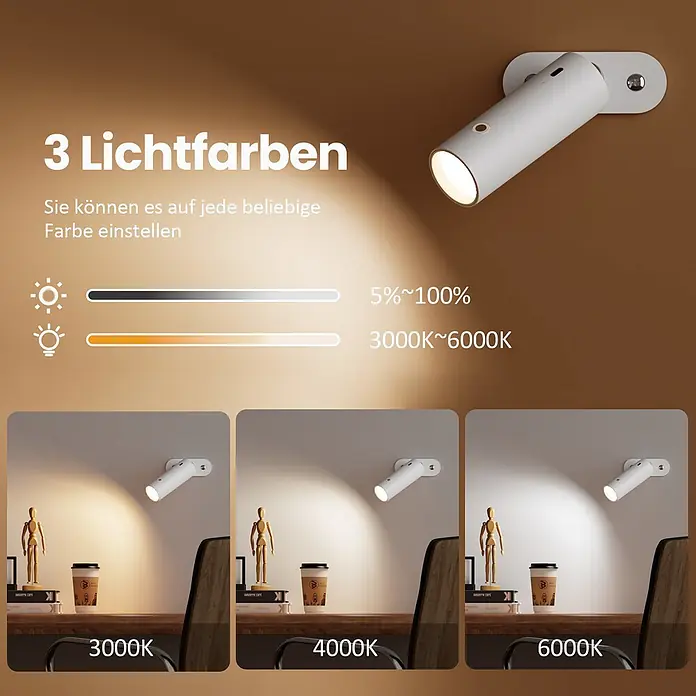Emke LED-Tischleuchte -  - Weiße Wandleuchte mit einstellbarer Helligkeit (5-100%) und Farbtemperatur (3000K-6000K) über einem Schreibtisch.