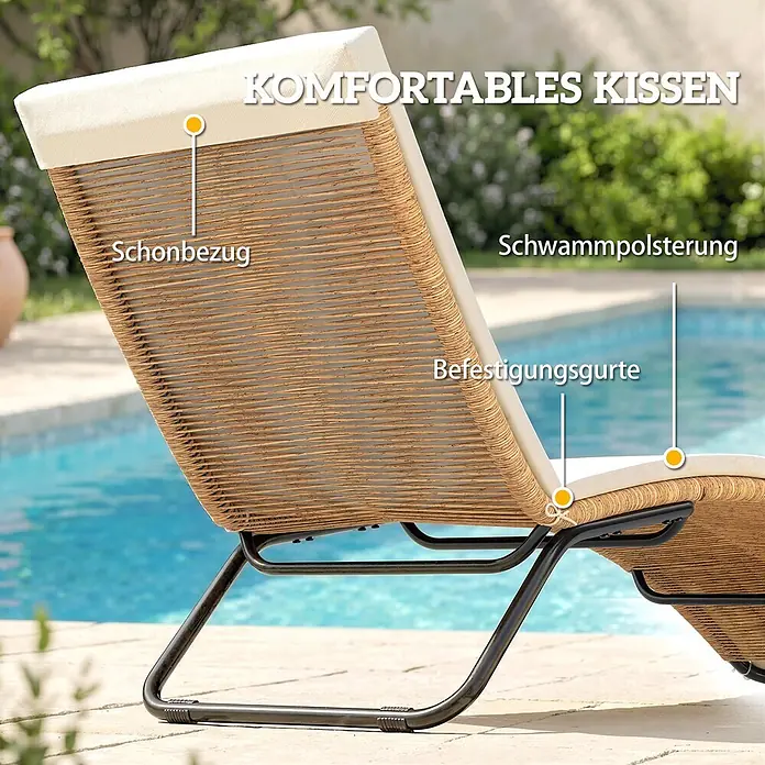 Outsunny Gartenliege - Cremeweiß, Stahl - Outdoor-Liegestuhl mit braunem Geflecht und cremefarbenem Kissen am Pool.