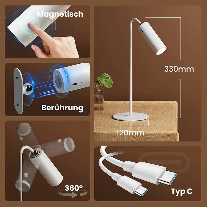 Emke LED-Tischleuchte -  - Weiße magnetische Schreibtischlampe mit Touch-Steuerung, 360-Grad-Drehung und USB-C-Ladefunktion. Maße: 330mm hoch, 120mm Basis.