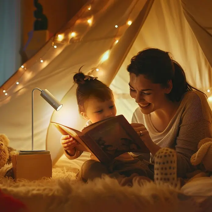 Emke LED-Tischleuchte -  - Elegante silberne Leselampe mit verstellbarem Kopf, die ein Buch für Kind und Erwachsenen in einem gemütlichen Zelt beleuchtet.