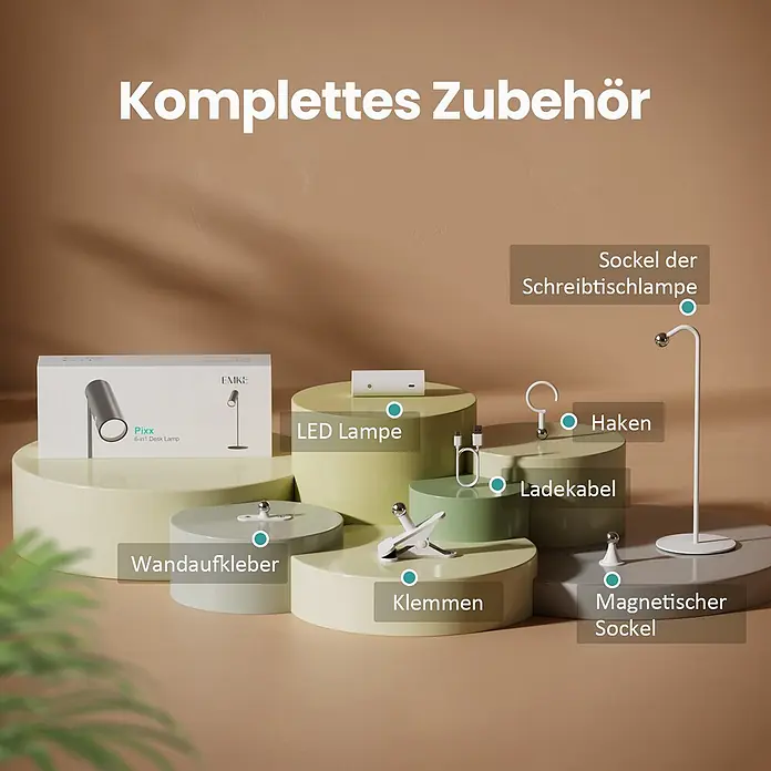 Emke LED-Tischleuchte -  - Komplettes Zubehör für EMKE Pixx Schreibtischlampe: weiße LED-Lampe, Ladekabel und vielfältige Befestigungsoptionen.