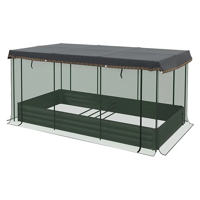 Furnicato Hochbeet Inkl. Vogelschutznetz - 230 x 110 x 110 cm, Stahl, Dunkelgrau - Dunkelgrünes Hochbeet mit schützendem Netzgehege und dunkelgrauer Abdeckung.