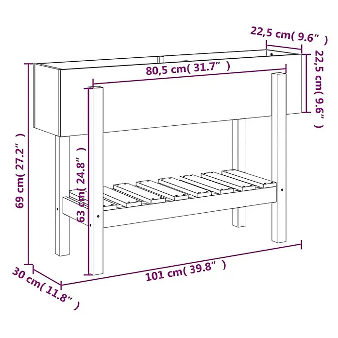 Furnicato Hochbeet - 30 x 101 x 69 cm, Holz, Natürliches Douglasie - Erhöhtes Holz-Pflanzgefäß mit Lattenregal unten, Maße detailliert angezeigt.