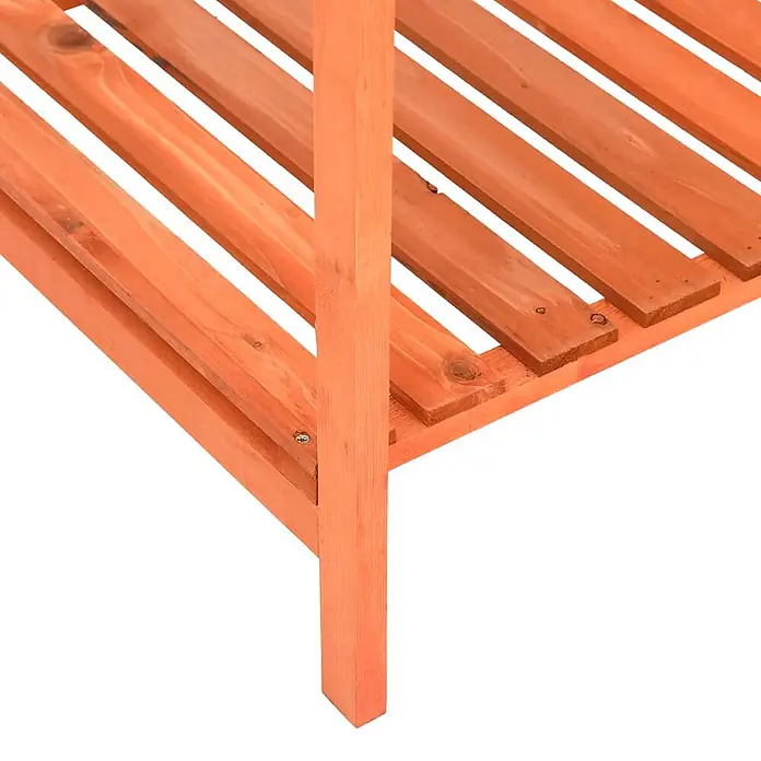 Furnicato Hochbeet - 80 x 60 x 80 cm, Holz, Braun - Nahaufnahme eines Eckteils eines hellbraunen Holzlamellenregals mit zwei Ebenen und einem Bein.