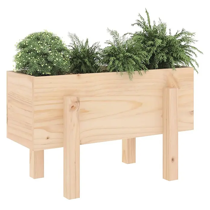 Furnicato Hochbeet - 30 x 62 x 38 cm, Holz, Natürliche Kiefer - Naturfarbener Blumenkasten aus hellem Kiefernholz mit grünen Pflanzen auf Beinen.