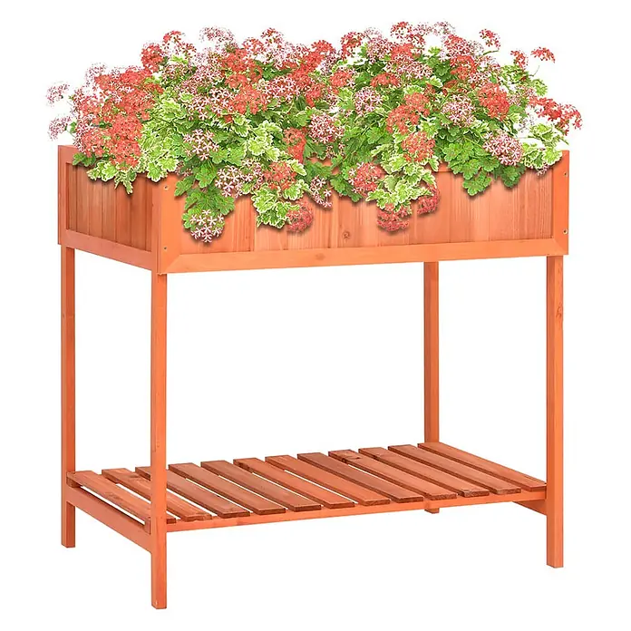 Furnicato Hochbeet - 80 x 60 x 80 cm, Holz, Braun - Braunes Hochbeet aus Holz mit Lattenablage, gefüllt mit roten und grünen Blumen.