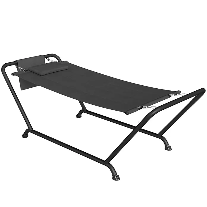 Furnicato Hängesessel - L x B x H: 237 x 237 x 92 cm, Dunkelgrau - Dunkelgraue Stoffhängematte mit passendem Kissen, auf einem stabilen schwarzen Metallgestell.