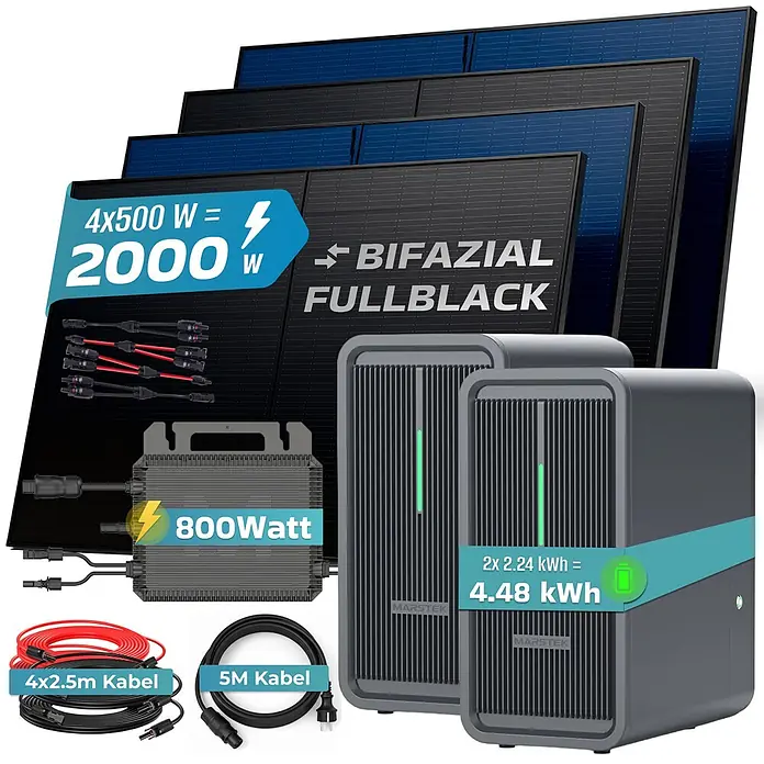 Sunniva Balkonkraftwerk-Set 2000 / 800 Watt mit Marstek 4.48 kWh Speicher - Nennleistung: 800 W, L x B x H: 1.910 x 1.134 x 30 mm - Solar-Komplettset mit 4 bifacialen Fullblack-Modulen (2000W), 800W Wechselrichter, 2 Marstek-Batterien (4.48 kWh) und Kabeln.