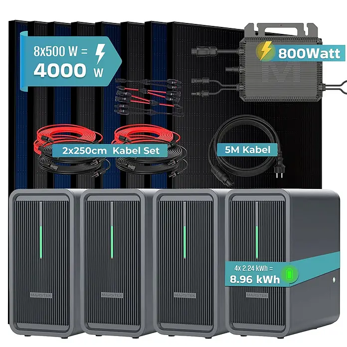 Sunniva Balkonkraftwerk-Set 4000 / 800 Watt mit Marstek 8.96 kWh Speicher - Nennleistung: 800 W, L x B x H: 1.910 x 1.134 x 30 mm - Komplettes Marstek Solarsystem mit 4000W Solarmodulen, 800W Wechselrichter, Kabeln und 8,96 kWh Batteriespeicher.
