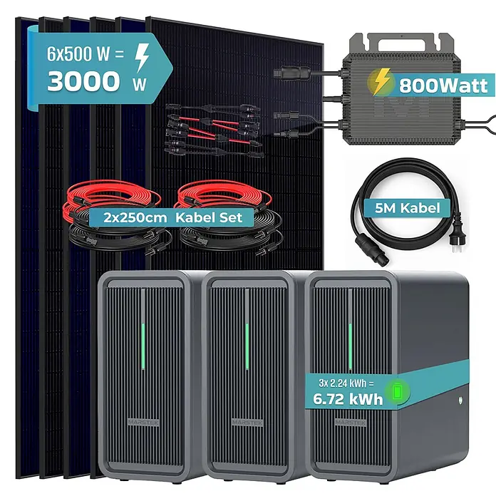 Sunniva Balkonkraftwerk-Set 3000 / 800 Watt mit Marstek 6.72 kWh Speicher - Nennleistung: 800 W, L x B x H: 1.910 x 1.134 x 30 mm - Solarstromanlage: 6 Module, 800W Wechselrichter, Kabel und 3 modulare Batteriespeichereinheiten mit insgesamt 6,72 kWh für die Hausenergie.