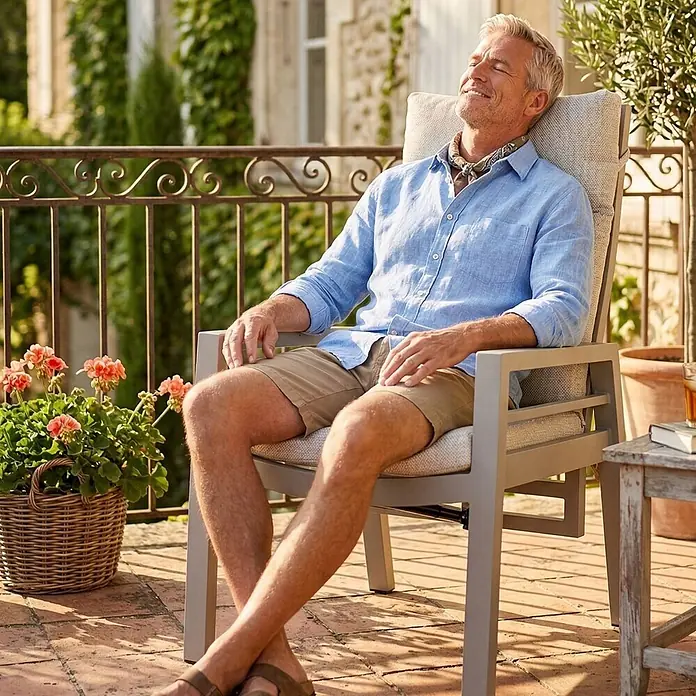Bene Living Gartenstuhl-Set Sevilla - 2 Stk., Aluminium mit Textillene, beige - Mann entspannt in einem grauen Outdoor-Stuhl mit hellen Polstern auf einer Terrasse.