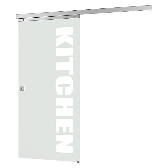 Inova Schiebetür-Komplettset Glasschiebetür ESG K teil satiniert 880 x 2035 mm - 880 x 2.035 mm - Glasschiebetür mit geätztem "KITCHEN"-Schriftzug, silberner Laufschiene und quadratischem Griff.