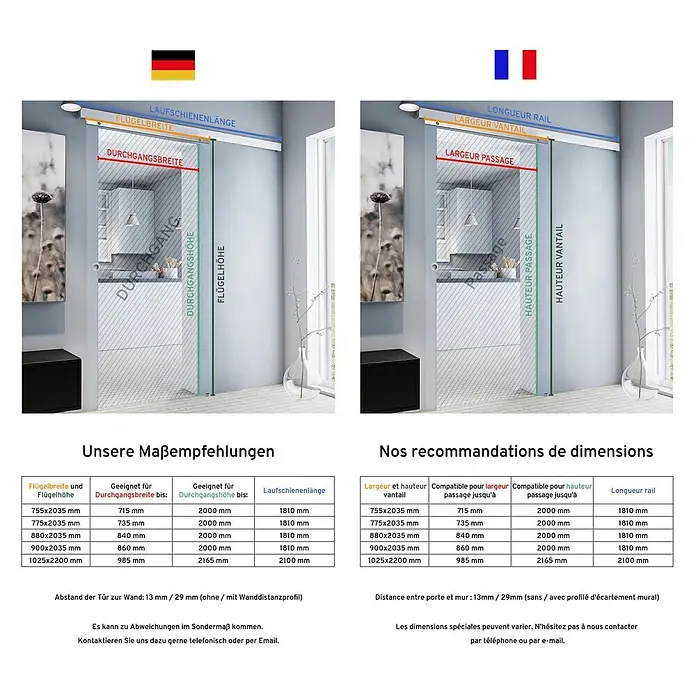 Inova Schiebetür-Komplettset Glas Komplettset wellenförmig mit Griffmuschel + Softclose - 1.025 x 2.200 mm - Diagramm eines Glasschiebetürsystems mit Maßen und Empfehlungstabellen für Tür-, Durchgangs- und Schienenlängen.