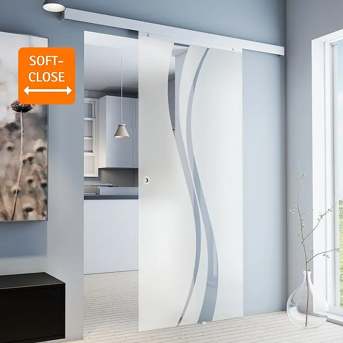 Inova Schiebetür-Komplettset Glasschiebetür ESG W teil satiniert 755 x 2035 mm mit Softclose - 755 x 2.035 mm - Moderne Schiebetür aus mattiertem Glas mit Wellendesign und Soft-Close-Funktion als Raumteiler.