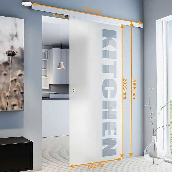Inova Schiebetür-Komplettset Glasschiebetür ESG K teil satiniert 880 x 2035 mm mit Softclose - 880 x 2.035 mm - Schiebetür aus Milchglas mit "KITCHEN"-Aufschrift, weißer Schiene. Tür: 880x2035mm. Schiene: 1810x45mm. Gesamthöhe: 2095mm.