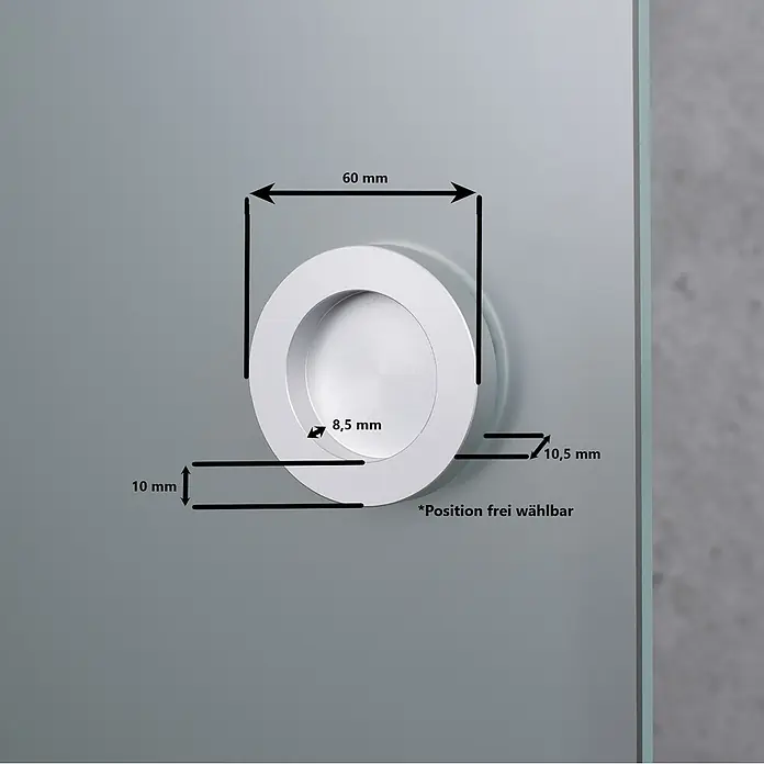 Inova Glasschiebetür Komplettset ESG Blocksteifen teil satiniert 900 x 2150 mm - 900 x 2.035 mm, Satiniertes Glas - Silberfarbener Metall-Muschelgriff, rund, 60mm Durchmesser. Maße: 8,5mm Greiftiefe, 10,5mm Gesamttiefe.