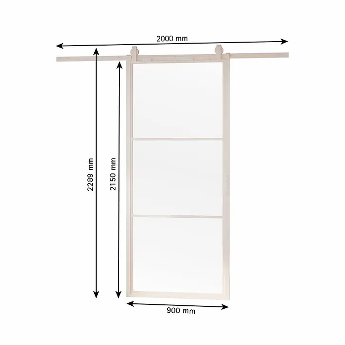Inova Glasschiebetür Loft Komplettset ESG Klarglas 900 x 2150 mm 3 Felder mit Softclose - 900 x 2.150 mm, Klarglas - Schiebetür mit hellem Holzrahmen und transparenten Paneelen, 2000 mm Schiene, Tür 2150x900 mm, Gesamthöhe 2289 mm.