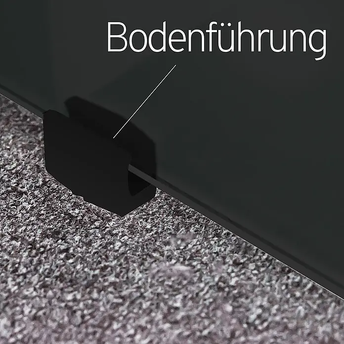 Inova Glasschiebetür Loft Komplettset 880 x 2035 mm 5 Felder mit Softclose -  - Schwarze Bodenführung stabilisiert eine dunkle Schiebeplatte auf strukturiertem Boden.