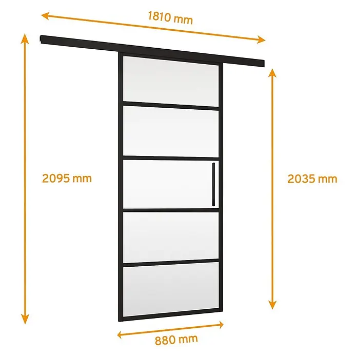 Inova Glasschiebetür Loft Komplettset 880 x 2035 mm 5 Felder mit Softclose -  - Schwarz gerahmte Glasschiebetür mit schwarzem Griff an schwarzer Schiene.