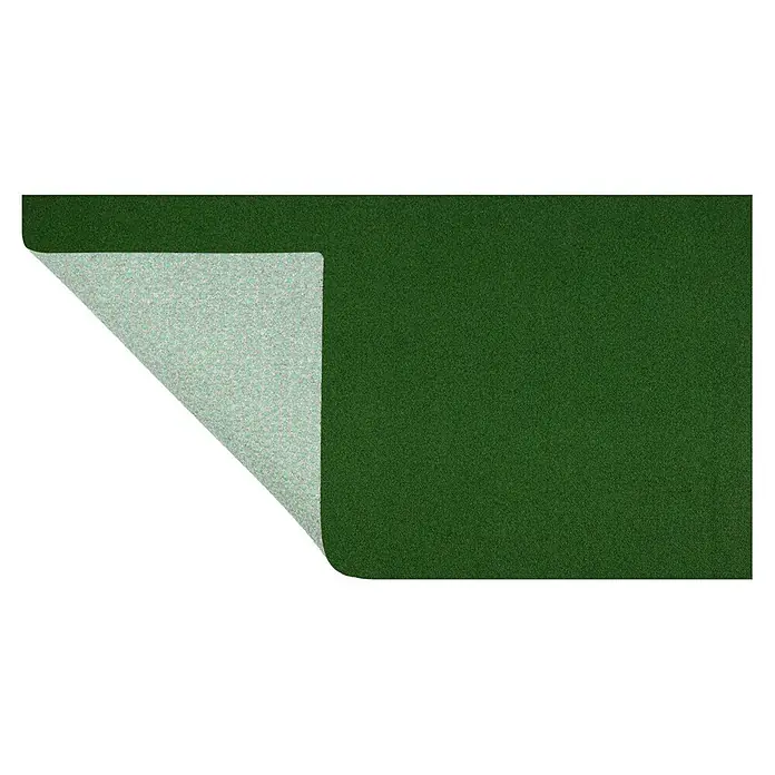 Rasenteppich Park - L x B: 100 x 100 cm, Moosgrün, Mit Drainagenoppen - Grüne Matte mit umgeschlagener Ecke, die die helle, gemusterte Antirutsch-Unterseite zeigt.