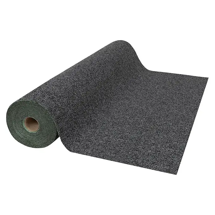 Rasenteppich Park - L x B: 100 x 100 cm, Anthrazit, Mit Drainagenoppen - Ein teilweise ausgerollter dunkelgrauer Filzteppich mit sichtbarer grüner Rückseite.
