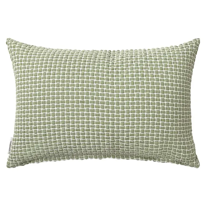Cojín Kame - 50 x 30 cm, Textil, Verde, Rectangular - Cojín rectangular verde claro con un patrón de cuadrícula blanco texturizado.