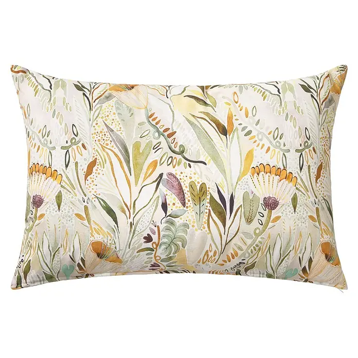 Cojín Tulipán - 30 x 50 cm, Textil, Multicolor/Mostaza, Rectangular - Cojín rectangular con patrón botánico de acuarela en tonos verdes, amarillos y marrones.