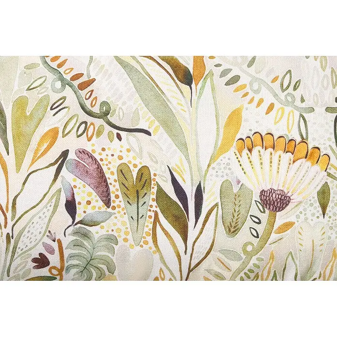 Cojín Tulipán - 30 x 50 cm, Textil, Multicolor/Mostaza, Rectangular - Textil con un patrón botánico suave de hojas, enredaderas y una flor grande en tonos de verde, amarillo, marrón y morado.