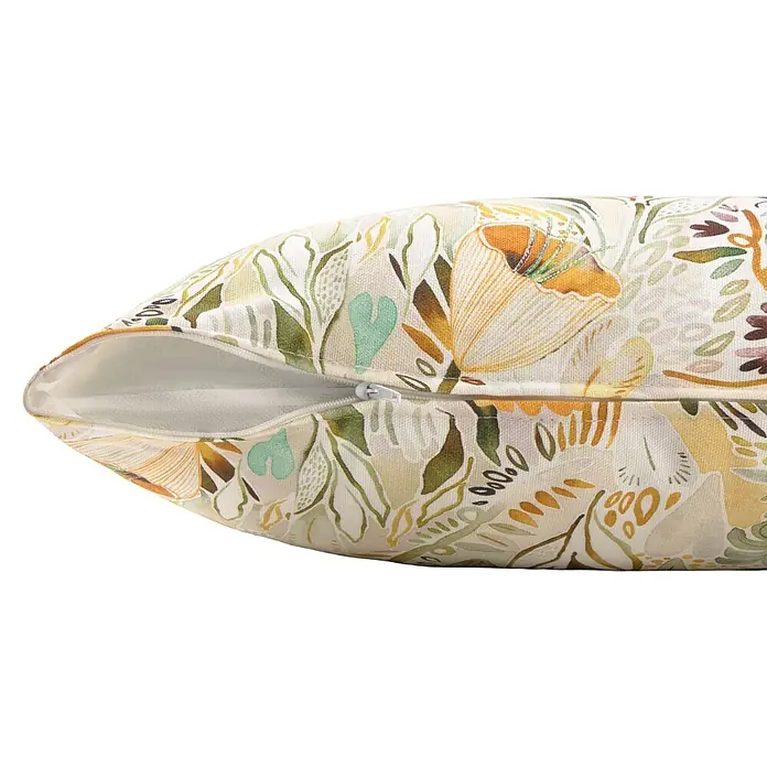 Cojín Tulipán - 30 x 50 cm, Textil, Multicolor/Mostaza, Rectangular - Funda de cojín con estampado floral y cremallera visible.