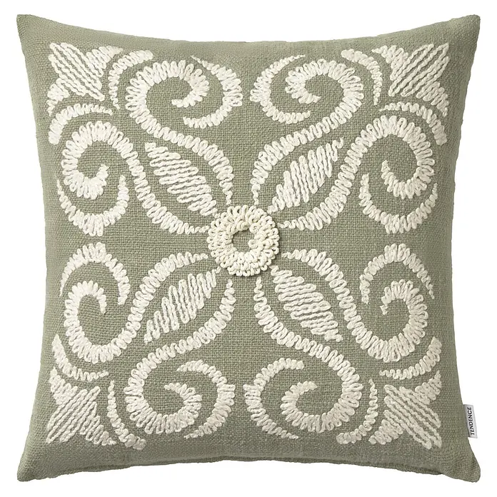 Cojín Natsu - 45 x 45 cm, Verde, Cuadrado - Cojín decorativo verde salvia con bordado floral crema.