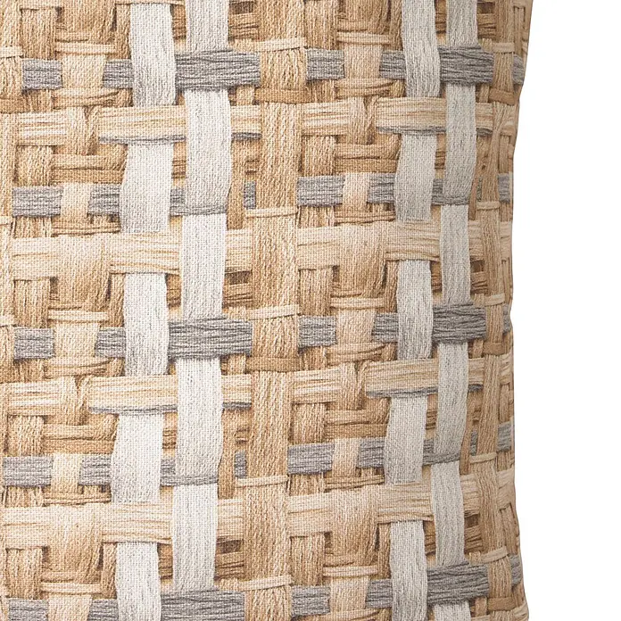 Cojín Efecto yute trama - 30 x 50 cm, Textil, Marrón, Rectangular - Primer plano de un tejido trenzado texturizado con patrón de cestería en tonos beige, marrón y gris.