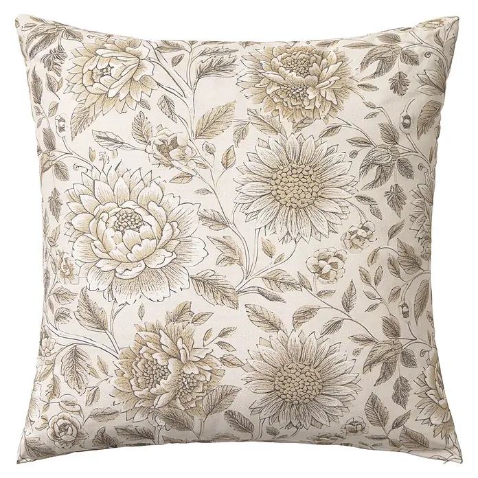 Cojín Floral - 45 x 45 cm, Textil, Natural, Rectangular - Cojín claro con un detallado patrón floral de grandes peonías y girasoles en tonos más oscuros.
