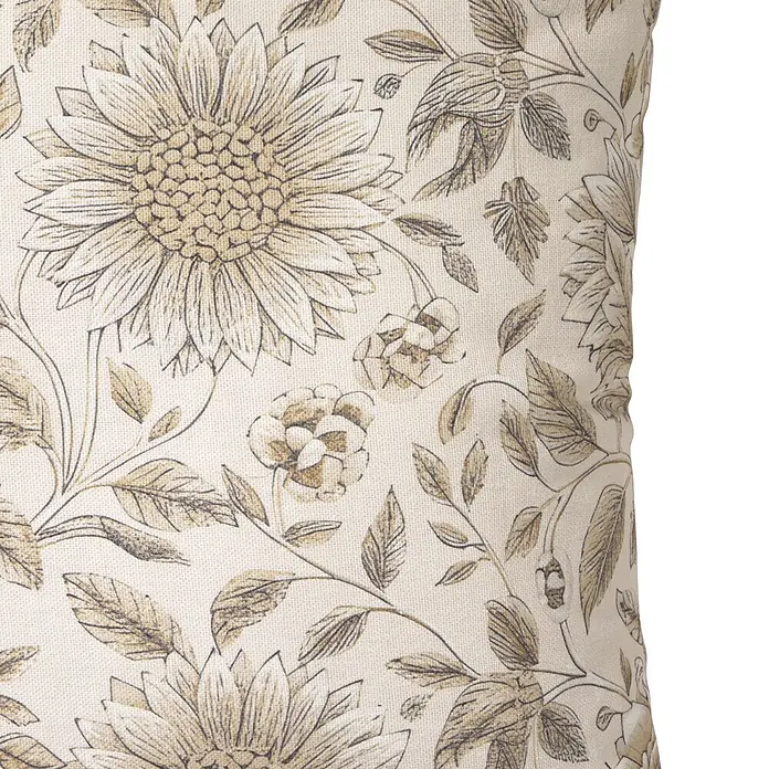 Cojín Floral - 45 x 45 cm, Textil, Natural, Rectangular - Cojín de tela beige con estampado floral marrón de girasoles y hojas.