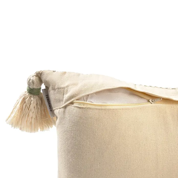 Cojín Ray - 30 x 50 cm, Crudo, Rectangular - Cojín tejido beige con cremallera abierta que revela un relleno y una borla decorativa.