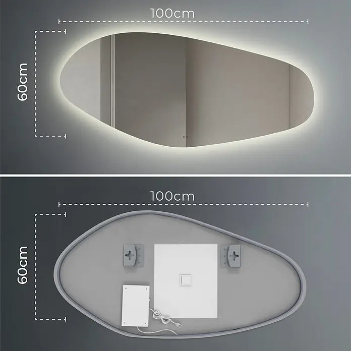Lumoire Lichtspiegel RIVER -  - Ein 100x60cm organisch geformter, beleuchteter Spiegel, mit Ansichten der beleuchteten Vorder- und hinteren Montagekomponenten.