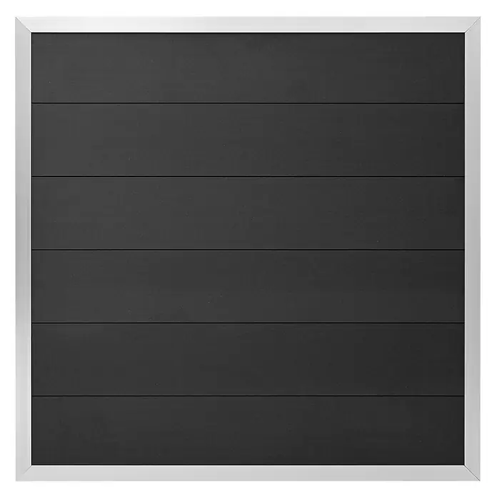 GartenLand Sichtschutzelement WPC Zaun Classico Alu Silber Ohne Pfosten - Verbundwerkstoff, Anthrazit - Dunkelgraues Paneel mit horizontalen Linien und einem silbernen Rahmen.