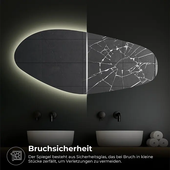 Lumoire Lichtspiegel RIVER - 120 x 60 cm - Ein beleuchteter Badspiegel aus Sicherheitsglas, intakt auf einer Seite und in kleine, ungefährliche Stücke zerbrochen auf der anderen Seite.