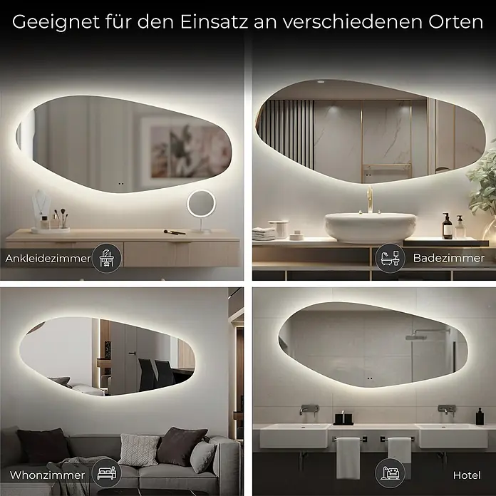 Lumoire Lichtspiegel RIVER - 120 x 60 cm - Organisch geformter beleuchteter Spiegel, geeignet für den Einsatz an verschiedenen Orten.