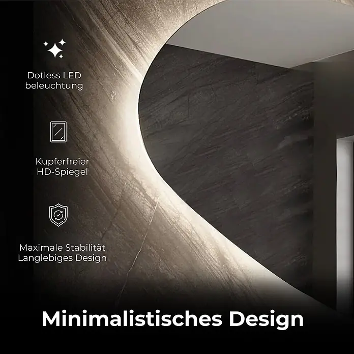 Lumoire Lichtspiegel RIVER - 120 x 60 cm - Beleuchteter, minimalistischer Spiegel an dunkler Texturwand, mit kupferfreiem HD-Glas und punktloser LED-Beleuchtung.