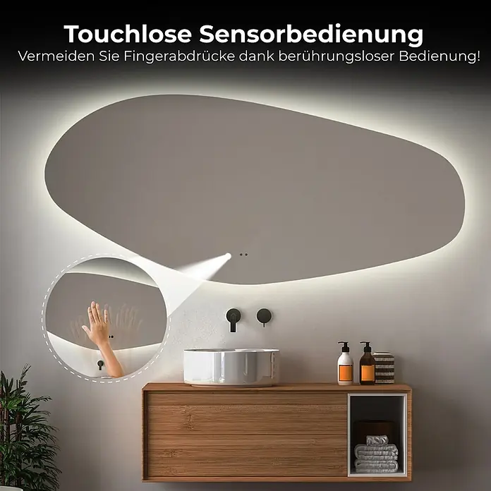 Lumoire Lichtspiegel RIVER - 120 x 60 cm - Unregelmäßiger LED-Spiegel mit berührungslosem Sensor über einem Waschtisch, verhindert Fingerabdrücke.