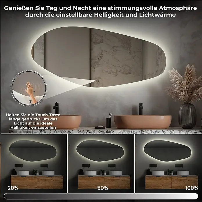 Lumoire Lichtspiegel RIVER - 120 x 60 cm - Ein beleuchteter Badspiegel in organischer Form mit einstellbarer LED-Helligkeit und Lichtwärme, in einem modernen Badezimmer.