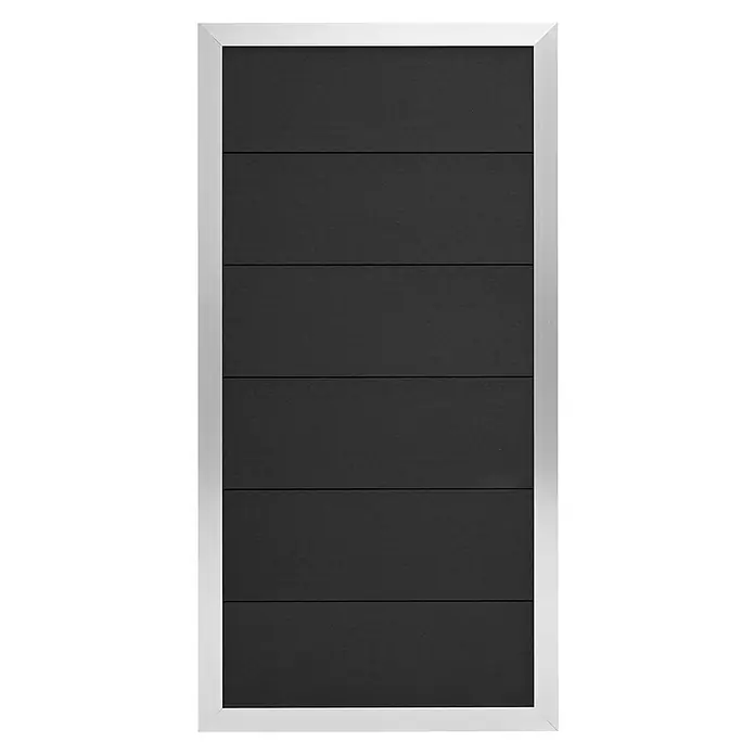 GartenLand Sichtschutzelement WPC Zaun Classico Alu Silber Ohne Pfosten - Verbundwerkstoff, Anthrazit - Rechteckige Platte mit horizontalen schwarzen Lamellen und einem silbernen Metallrahmen.