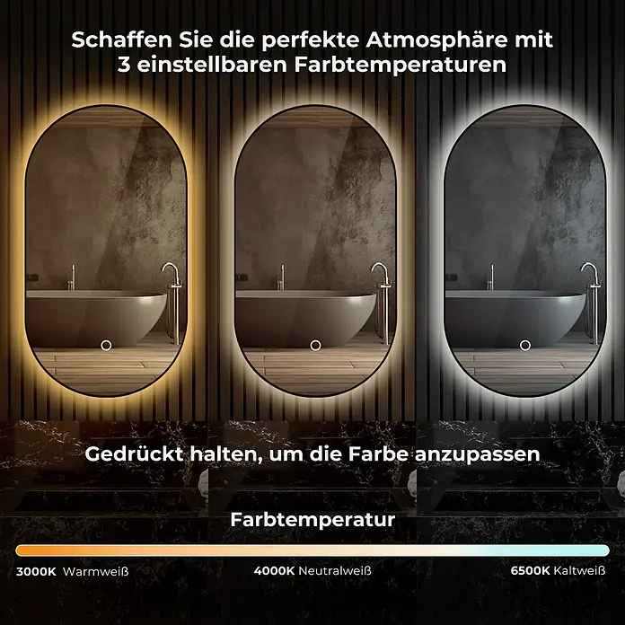 Lumoire Lichtspiegel ONYX - 60 x 90 cm - Drei gewölbte LED-Spiegel, die ihre Farbtemperatur (Warmweiß, Neutralweiß, Kaltweiß) von 3000K bis 6500K anpassen. Zum Einstellen gedrückt halten.