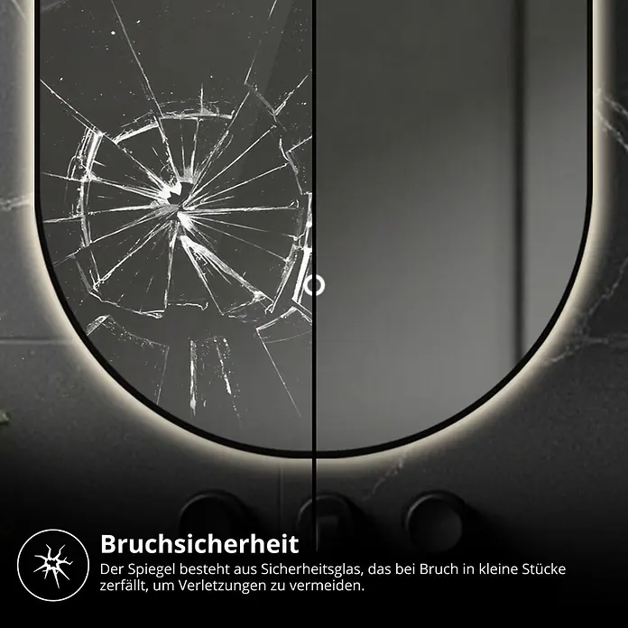 Lumoire Lichtspiegel ONYX - 60 x 90 cm - Bruchsicherer Spiegel aus Sicherheitsglas, mit zerbrochener und intakter Seite dargestellt.