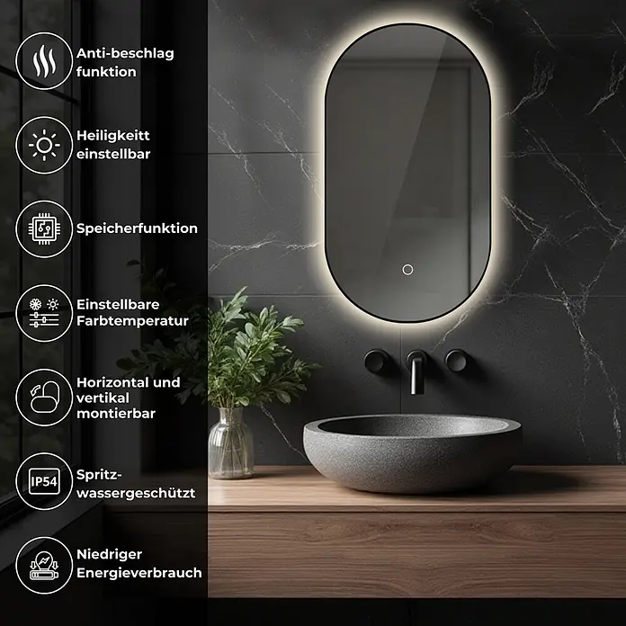Lumoire Lichtspiegel ONYX - 60 x 90 cm - Ein gewölbter LED-Badezimmerspiegel mit beleuchteten Kanten, über einem modernen Waschbecken auf einem Holzwaschtisch montiert.