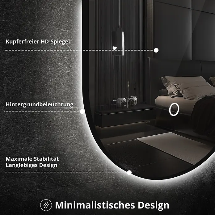 Lumoire Lichtspiegel ONYX - 60 x 90 cm - Runder, hinterleuchteter Spiegel in einem minimalistischen Schlafzimmer, mit kupferfreier HD-Oberfläche und stabilem Design.