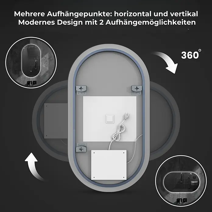 Lumoire Lichtspiegel ONYX - 60 x 90 cm - Rückseite eines modernen Spiegels mit vielseitigen horizontalen und vertikalen Montagehalterungen und elektrischen Anschlüssen, mit 360° Drehfunktion.