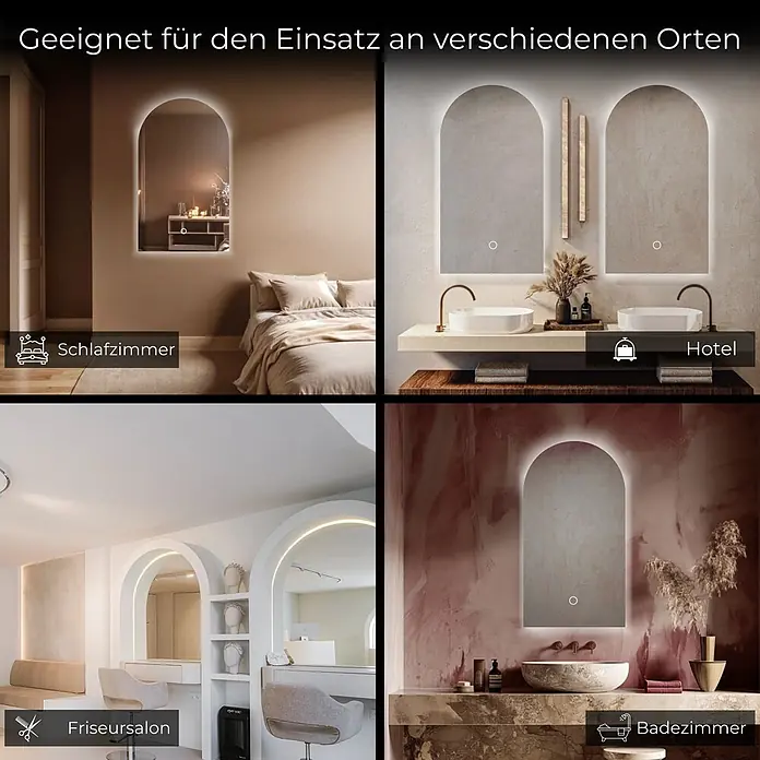 Lumoire Lichtspiegel SERENITY -  - Gewölbter, hintergrundbeleuchteter Spiegel, geeignet für Schlafzimmer, Hotel, Friseursalon und Badezimmer.