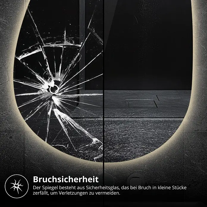 Lumoire Lichtspiegel AURA -  - Beleuchteter runder Spiegel, halb zersprungen, demonstriert Sicherheitsglas (zerfällt in kleine Stücke).