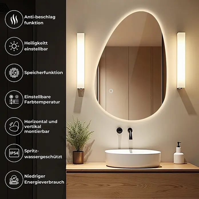Lumoire Lichtspiegel AURA -  - Unregelmäßig geformter LED-Spiegel mit einstellbarer Beleuchtung, über einem modernen Waschbecken im Bad.